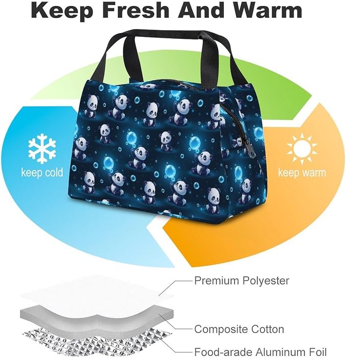 Lightweight Insulated Cooler Lunch Bag, Panda | Spacious Food Carrier Bags, Lightweight and Soft, Handheld Leakproof Snack Tote, for Travel Gym Picnic