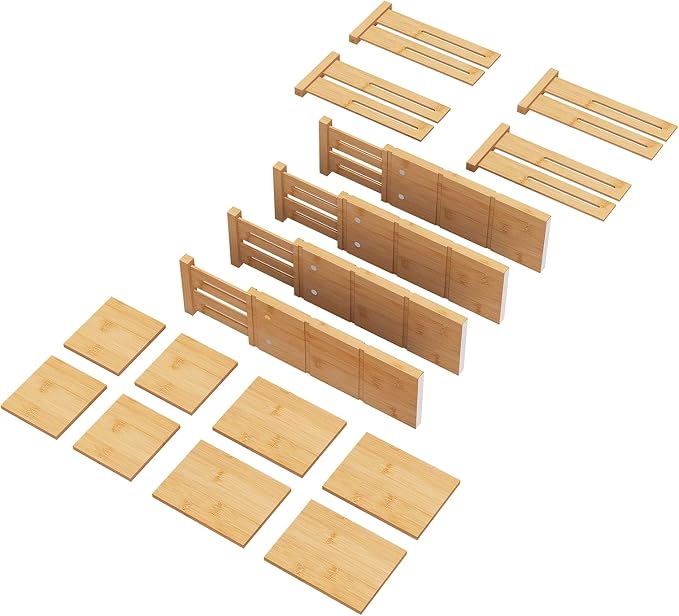 4.4" High Drawer Dividers with Inserts, Bamboo Drawer Dividers for Clothes, Expandable from 12-17.5", Adjustable drawer organizer for Bedroom, Kitchen & Office, 4 Dividers with 8 Insert.