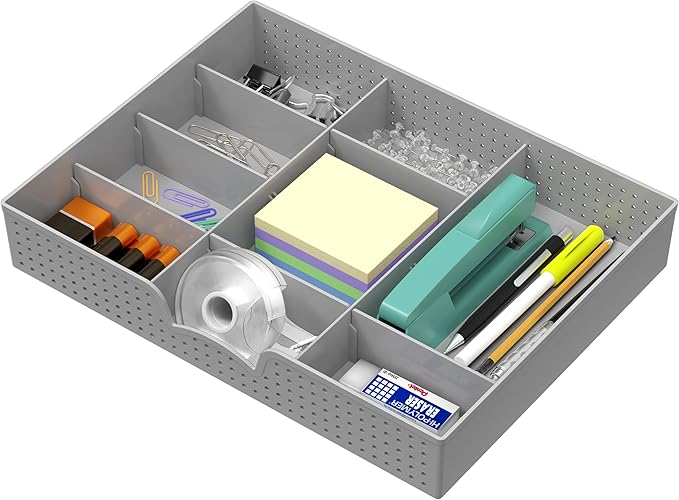 Simple Houseware Drawer Organizer Tray, 9 Adjustable Compartments, Gray | For Office, Makeup, and Craft Drawer or Desktop Storage