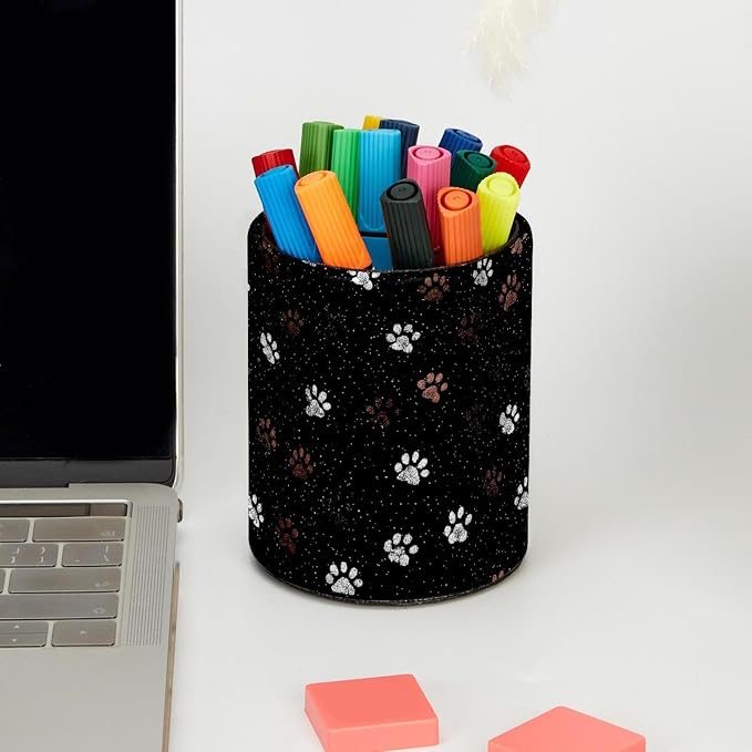Faux Leather Pen Holder for Desk, Pencil Organizer Pet Paw Prints Pen Cup Desk Decor Makeup Brush Holder Storage for Office Home