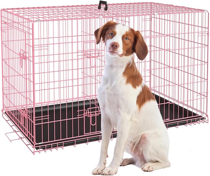 42 Inch Extra Large Dog Crate, Heavy Duty Dog Crates for Large Dogs, Metal Wire Folding Dog Cage with Removable Trays, Locks, Double-Door, Divider Panel, Handle, XL Dog Crate Pet Crate (42 in, Pink)