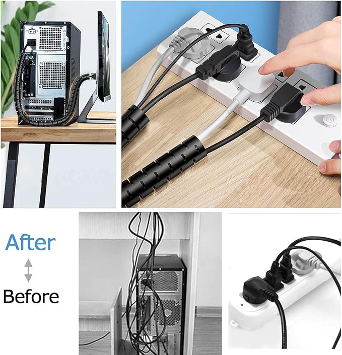 Large PC Cable Management Tube Sleeve Under Desk Wire Organizer for Cords 2 PCS Black, 1.1 inch -5 ft EZ Spiral Cable Wrap Cover Bundler w/Clips for TV Office, Pet Proof Cable Protector