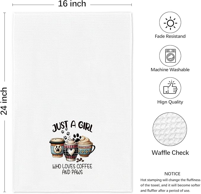 Kitchen Towels Dish Towel Tea Towels, Hand Towel Coffee Decor Gifts for Women Dog Mom, Just A Girl Who Loves Coffee and Paws 16x24 Inch