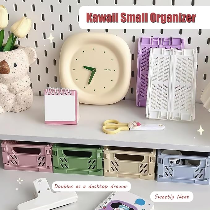 Tobeso-Nuoze Mini Pastel Plastic Storage Baskets 2 Pack Collapsible Crates | for Organizing Space-Saving Bins for Kitchen, Office, Bedroom (Purple, Small: 5.8"x 3.8" x 2.2")