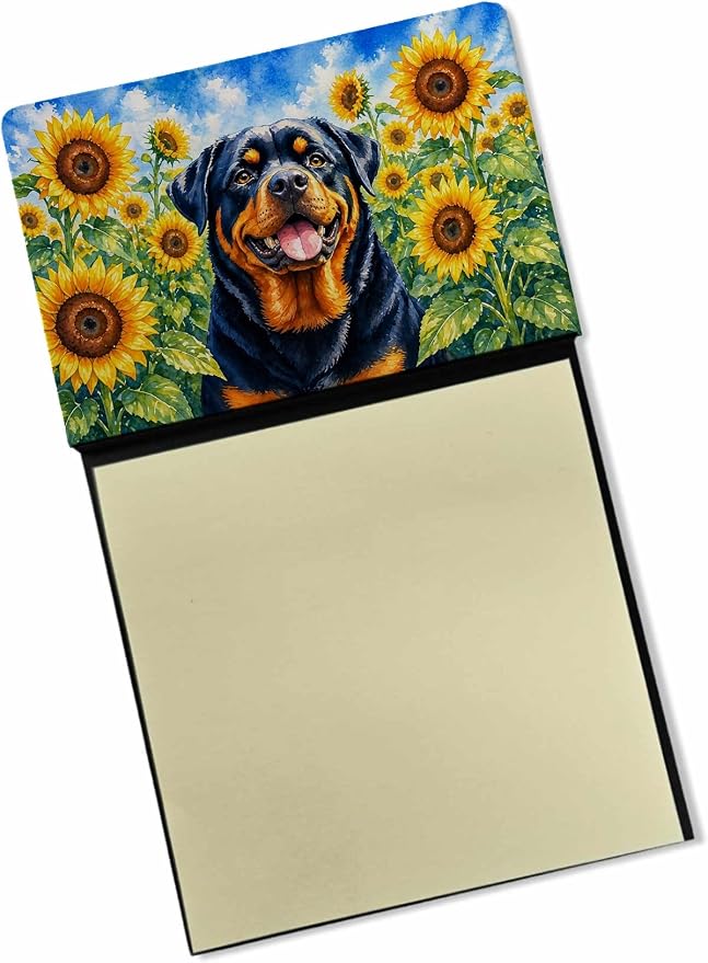 Caroline's Treasures Rottweiler in Sunflowers Watercolor Sticky Note Holder Refillable Dispenser Desk Accessory 3x3 Pad Gift