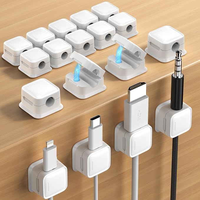18 Pack Cord Organizer, Magnetic Cable Clips, Under Desk Management, White | 0.27in Cable Compatible,Strong Adheive Wire Holder Keeper,Easy Open Phone Charger Holder for Home Car Desk Nightstand Office