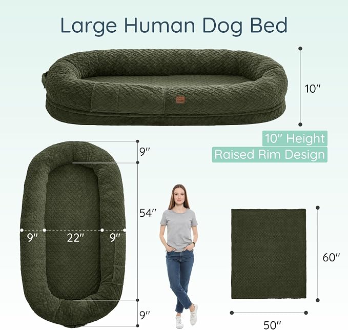 ChiXnuggle Orthopedic Human Dog Bed,with Faux Fur Washable Cover,Blanket | olive green,72*40*10,giant dog bed for adult or extra large dogs,egg crate foam,non-slip bottom