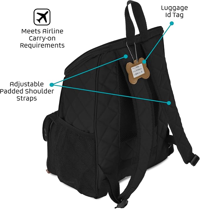 Mobile Dog Gear: Weekender Backpack - Black - Quilted Pet Travel Bag Holds Dog Accessories, Food Carriers, Silicone Bowls, Built-In Feeding Placemat