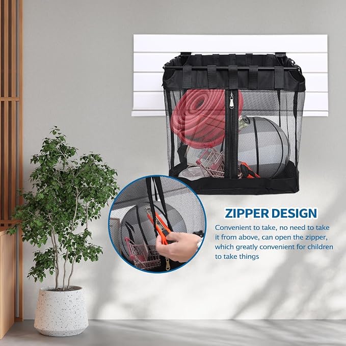 4Pcs Mesh Slatwall Baskets with Zipper,Hanging Storage Slat wall Baskets | Sturdy and Easy to Install Slatwall Accessories for Garage Shops Gym Home Display Organizing(16 * 12 * 16 inch)