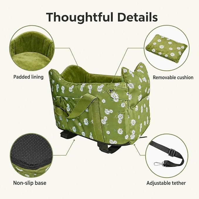 Dog Console Car Seat for Small Dogs 5-15 lbs, Light Green | Portable Center Armrest Puppy Booster, Anti-Collapse Travel Bed with Washable Fluffy Cushion