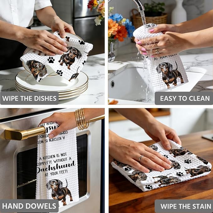 Dachshund Waffle Weave Kitchen Towels, Quick Dry Multipurpose Hand Towels for Bathroom, Absorbent Reusable Cloth Tea Dish Towels for Home Decor, Dog Lover Gift Towel Set of 2