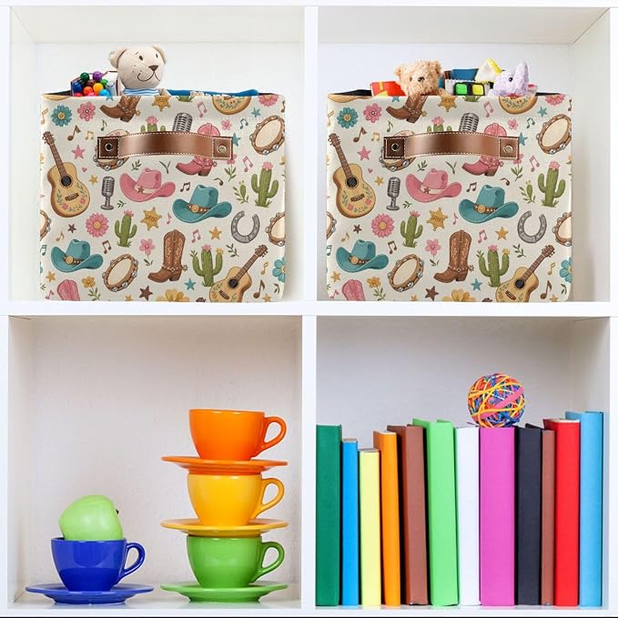 Kigai Storage Basket, Fabric Collapsible Closet Organizer Bin | Western Print Waterproof Foldable Canvas Basket with Handles for Shelves, Nursery, Closet, Bedroom & Bathroom