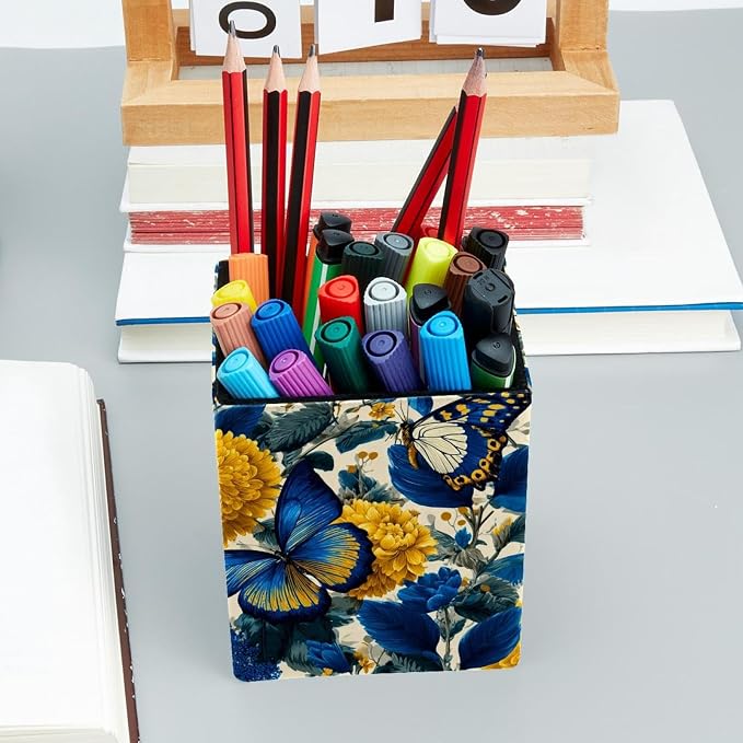 Butterfly Pen Holder for Desk Decor, Rectangular PVC Leather Pencil Cup for Desk Pen Organizer, Makeup Brush Holder for School, Home, Office