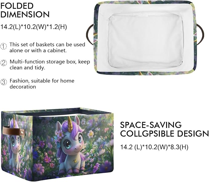 Unicorn Dreamy Green Rectangular Storage Bin Basket with Handles - Laundry Storage Basket Organizer Bins for Pets Room Books Closet