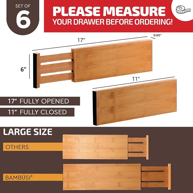 6-Pack Drawer Dividers 6-Inch High Dresser Drawer Organizer 11.5 to 17 Inch | Bamboo, Spring Loaded, No Tools Needed, for Clothes, Utensils, Socks and Deep Drawers in Bedroom, Bathroom, Kitchen, Office