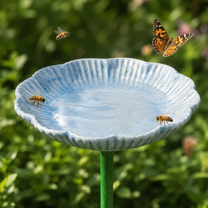 Ceramic Bird Bath Set of 2 with Fluted Bowl Stake, Vertical Brown | Decorative Glazed Water Basin for Patio Garden Balcony Display