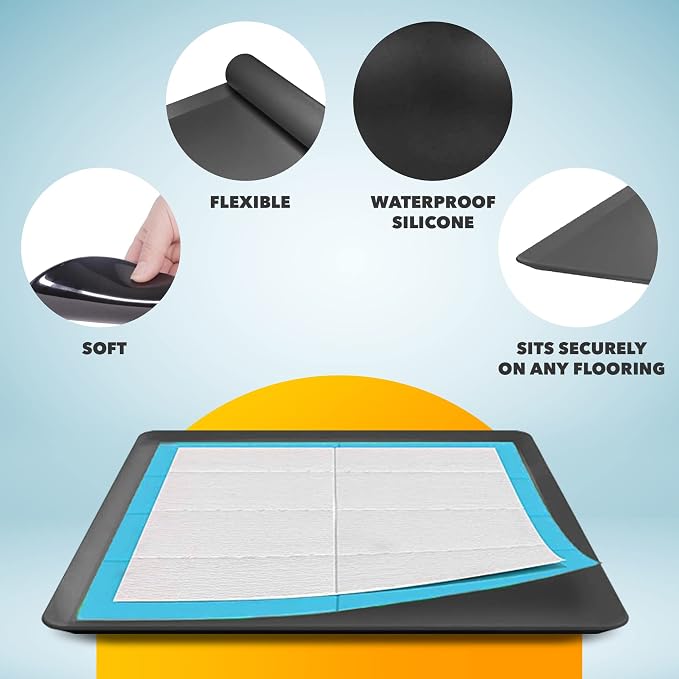 Dog Pee Pad Holder - Fits Up to 24” x 24” Pee Pad - 2 Pack - Black | Stable Grip, Raised Edges, Quick-Wipe Silicone Surface Dog Potty Tray Holder for Indoor Flooring Protection
