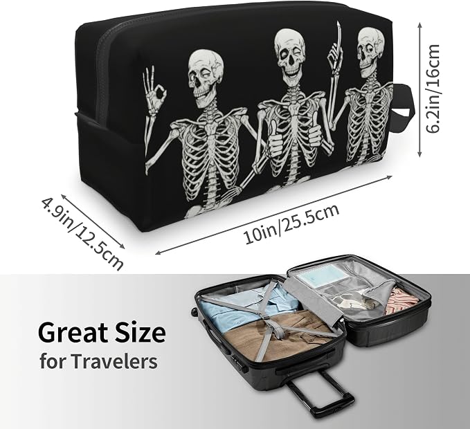 Spooky Halloween Skeleton Makeup Bag - Durable 600D Oxford Fabric Travel Cosmetic Bag, Shockproof Foam Padded Toiletry Organizer for Gym & Daily Use 10x6.2x4.9 Inch