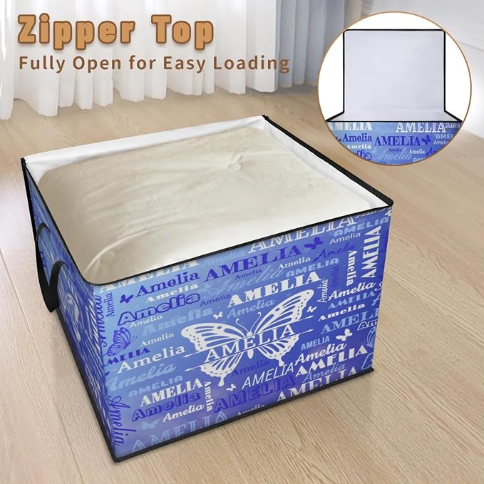 Custom Storage Baskets Cubes for Home with Name, Large Foldable Organizer Collapsible Storage Bins for Home Blanket Comforters Clothes Closet Nursery, Gradient Blue Butterflies