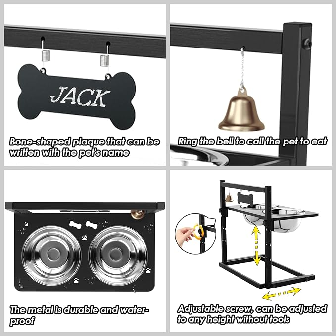 Elevated Dog Bowls With Mat, Adjustable Height 4.3-11.8'', Two 1.7L Stainless Steel Food & Water Bowls, Metal Raised Stand for Large, Medium Dogs