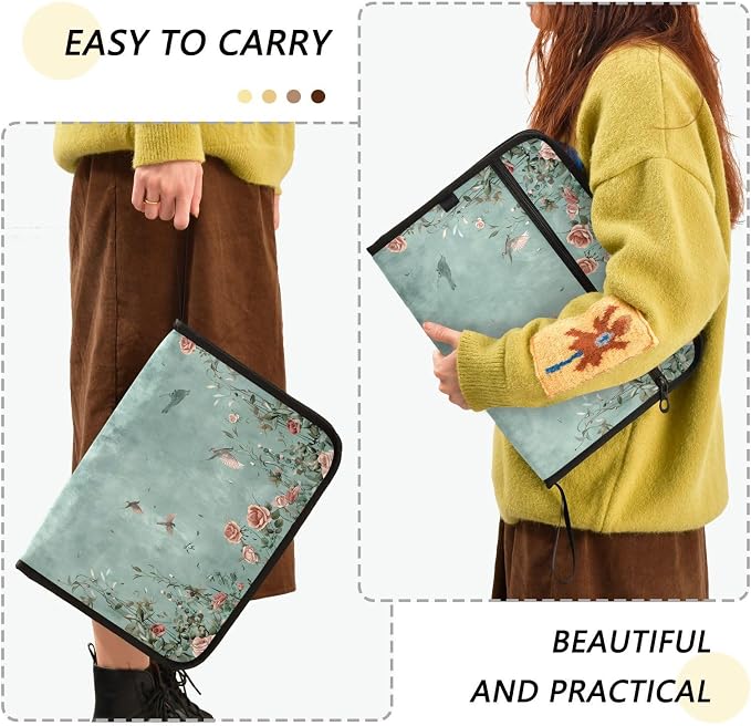 13 Pocket Zipper Expanding File Folder A4 Retro Floral | Accordion File Organizer with Front Pouch A4 Letter Size Portable Folders for Documents Receipt School Office Supplies