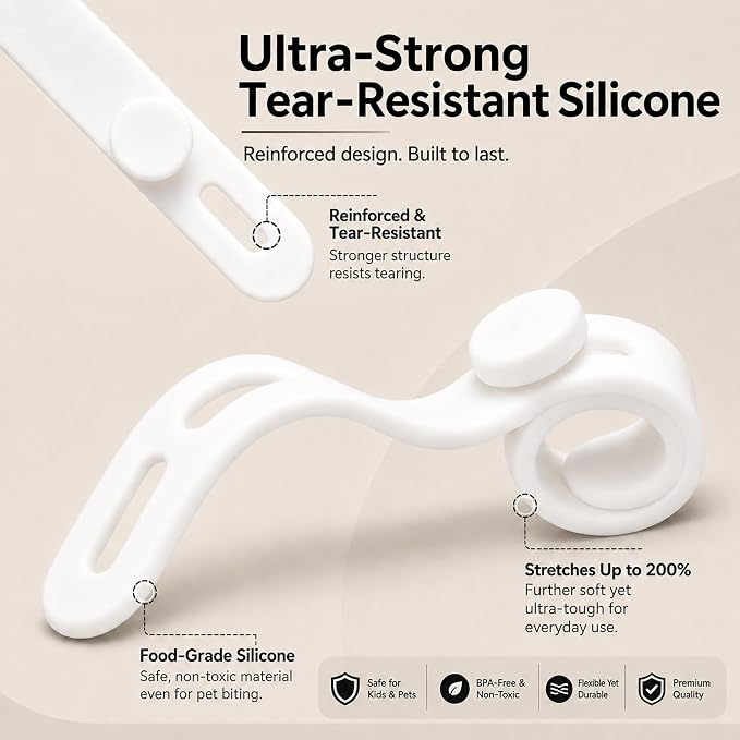 10PCS Silicone Cable Straps Reusable Cord Organizer (White) | Stretchable Soft Silicone Cord Wraps with Adjustable Snaps to Secure Charging Cables, Headphones & Travel Electronics