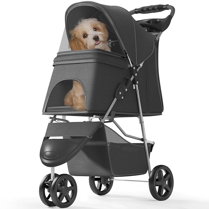 OS MOTOR 3 Wheels Pet Stroller for Small Medium Pets, Black | Foldable Carrier Jogger, Rear Wheel Breaks, Storage Basket, Visible Mesh Weather Cover, Portable, Dog, Cat, Puppy, Kitty