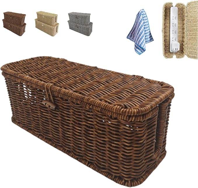 Handwoven Rattan Cable Management Box - Decorative Cord Organizer with Safety Lock, Large Boho Style Wire Hider for Desk, TV & Floor, Heat-Ventilated Power Strip Cover for Pet Proofing (#A, L)
