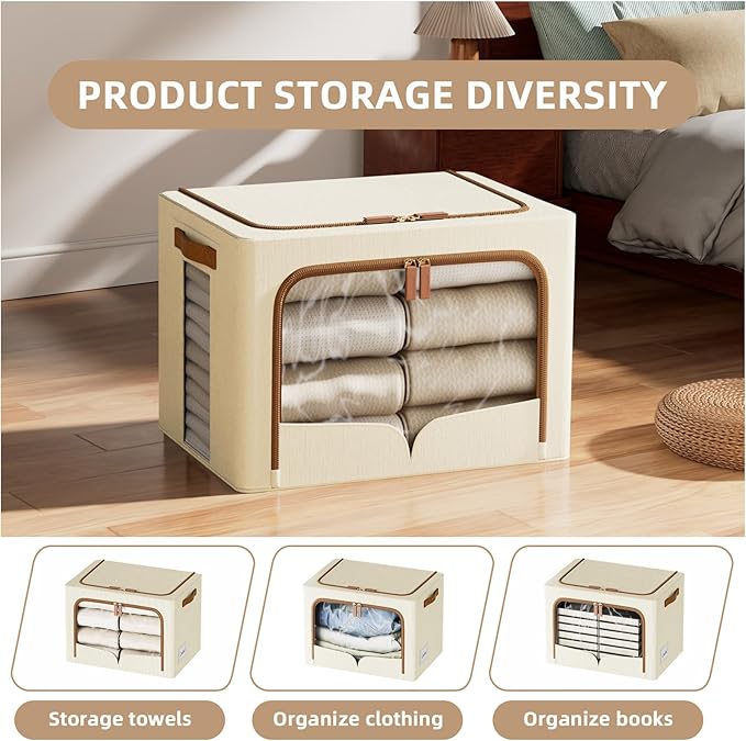 FHSQX 6 Pack Clothes Storage Bins, Beige, 40L,16.5x12.2x12.2 inch | Foldable, Fabric Storage Box, Metal Frame,