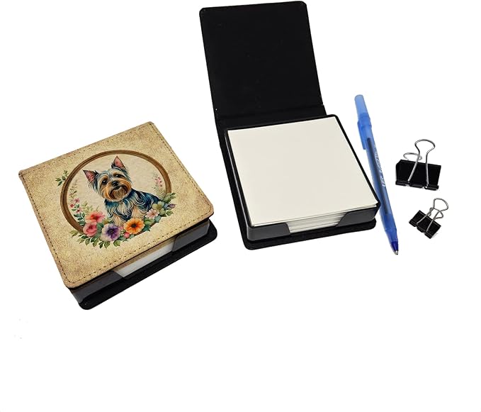 Caroline's Treasures Silky Terrier and Flowers PU Leather Note Paper Holder with Artist-Designed Cover, Desk Accessory, Office Gift