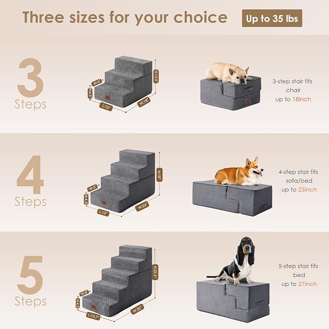 EHEYCIGA Dog Stairs for Small Dogs 13.5" H, 3-Step Dog Steps for Cats, Grey | Pet Steps for Couch Sofa and Chair, Non-Slip Balanced Pet Ramp Indoor