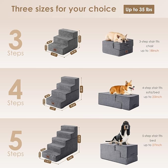EHEYCIGA Dog Stairs for Bed 18" H, 4-Step Dog Steps for High Bed, Grey | Pet Steps for Small Dogs and Cats, Non-Slip Balanced Pet Ramp Indoor