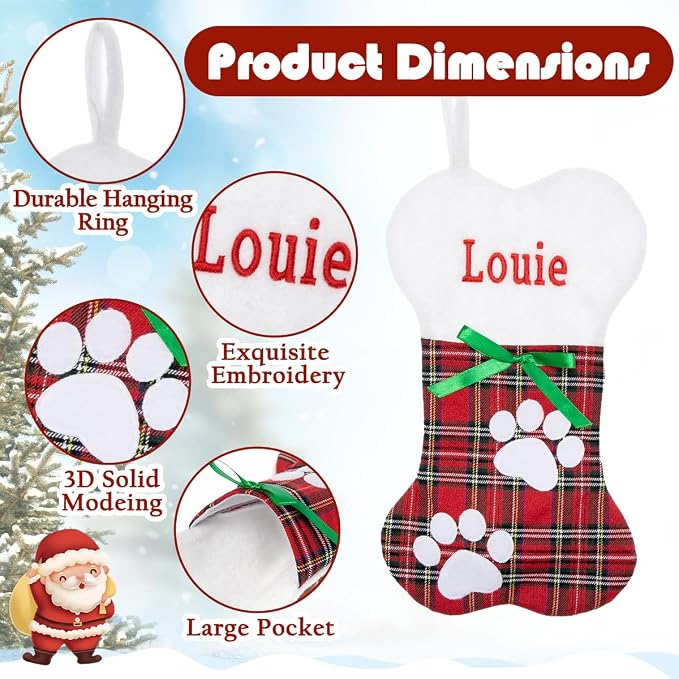 Personalized Christmas Stockings for Dogs Cats, Custom Pet Christmas Stockings with Embroidered Name, Pet Paw or Large Bone Xmas Stockings for Holiday Decoration (2 Pcs)