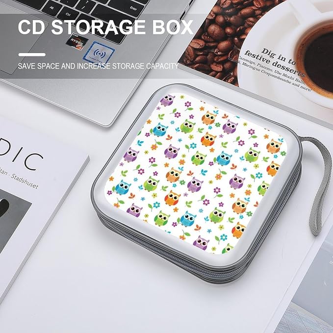 Hard Plastic Protective CD Case Floral Owl, 40-Disc Capacity Storage Binder with Zipper, Portable Organizer for Home Office