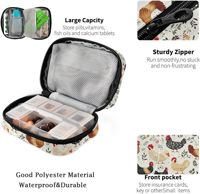 Fustylead Vintage Farm Chicken Rooster Hen Travel Pill Case Bag with Zipper Weekly Pill Box 8 Compartments 7 Day Personal Pill Case Purse Medicine Case Organizer