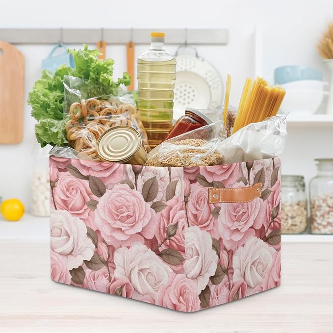 SEULIFE Floral Flower Rose Pink Foldable Storage Basket, Large Collapsible Organizer Storage Bin Cube Toys Storage Boxes with Handles for Bathroom Kids Nursery Closet Storage, 1 Pack
