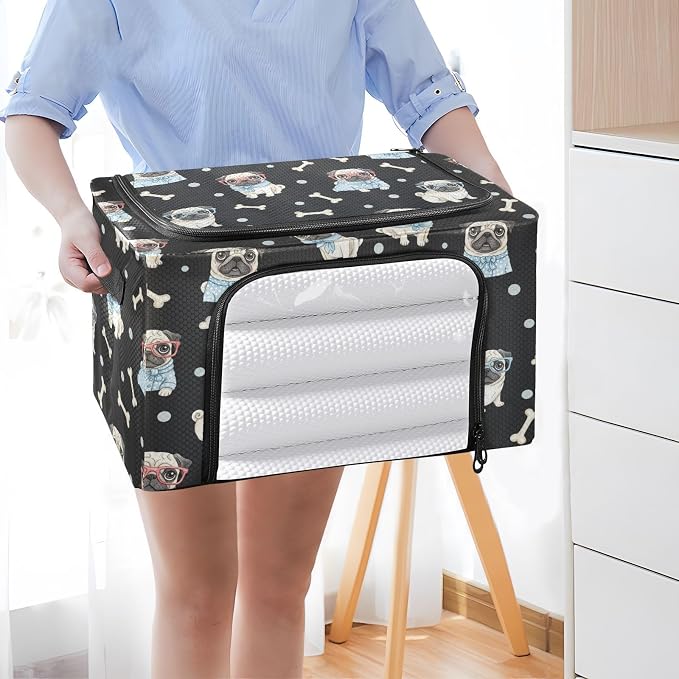 Cute Pets Pugs Black print Under Bed Storage Containers with Double Zipper Openings, Foldable Clothes Storage Bins with Clear Window and Handles for Blankets Bedding Comforters