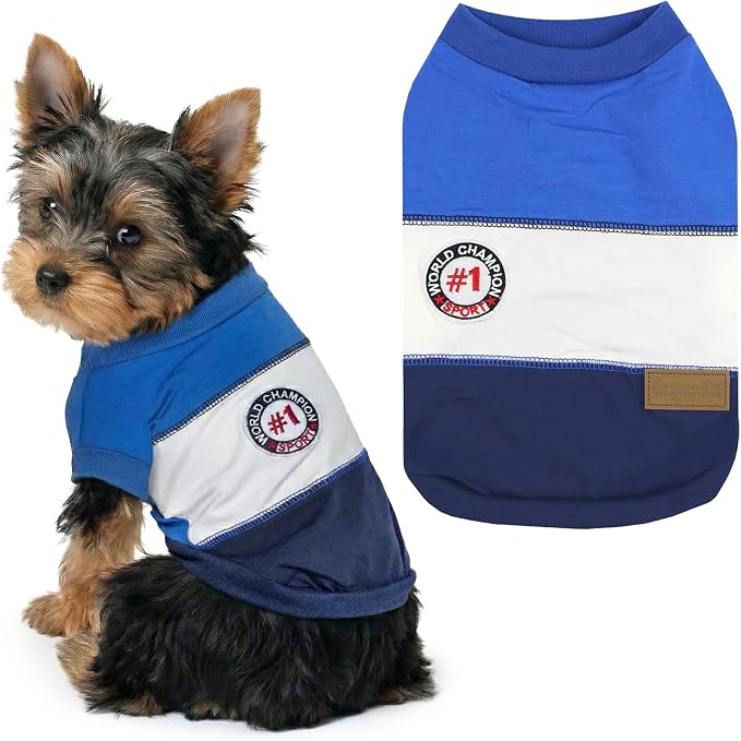 Parisian Pet World Champion Dog Tank Top - Breathable Cotton Pet Apparel - Blue Puppy Clothes - Lightweight Doggie T Shirts for Dogs - Comfortable Sporty Dog Clothes - Summer Shirts for Small Dogs