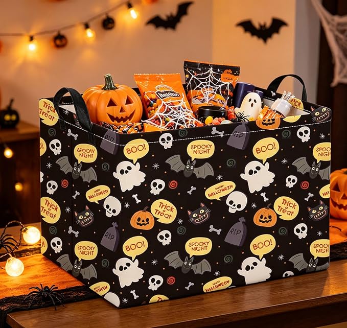 Rectangle Storage Basket with Handles,Collapsible Storage Bin,Books Box,Gift Basket(Black Boo Basket)
