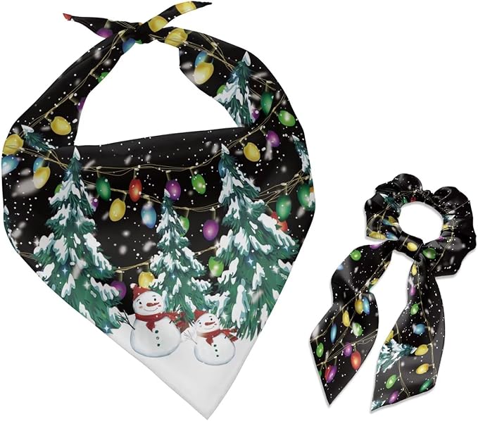 COEQINE Christmas Dog Bandanas Over Collar Valentines Dog Bandanas with Hair Tie Bracelet Set 2 Pcs Adult Costume and Dogs Clothing for Holiday Party Cosplay,Xmas Tree Black Snowman Lights