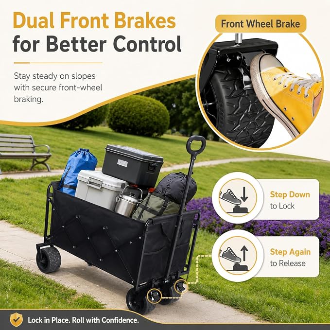 Wagons Carts Foldable Heavy Duty, 600 lb Tank Wheel Wagon with Brakes | Tank wheel utility wagon for groceries, beach, camping, garden and moving; 220L storage, all-terrain wheels and dual brakes