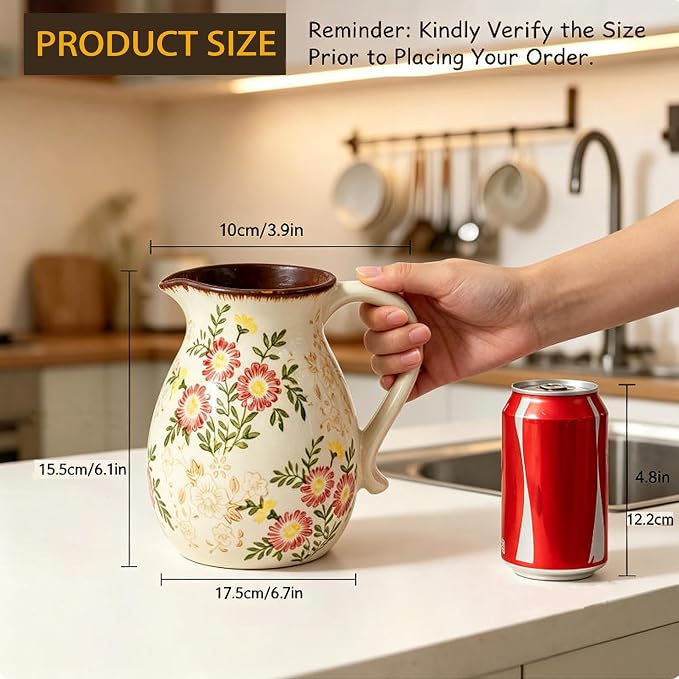 Farmhouse Ceramic Utensil Holder,6.1"Kitchen Counter Utensil Holder | Ceramic Utensil Organizer with Handle for Kitchen Countertop, Vintage Rustic Crock for Home Decor, Flower Pot, Spoon Tools