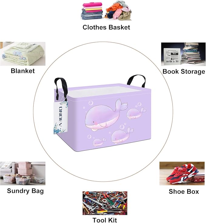Rectangular Purple Whale Waterproof Collapsible Storage Bin Organizer | stain-proof canvas, reinforced handles, planet print for laundry, study, living room, hallway, closet and playroom