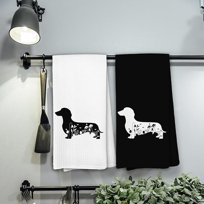 Black and White Dachshund Kitchen Towels, Weiner Dog Hand Towels Decorative Set of 2, Dachshund Home Decor Gifts for Women
