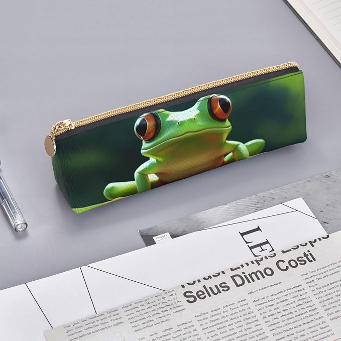 Leather Pen Case with Zipper - Aesthetic Pen Holder Cute Frog Pencil Case for Women & Men - Handcrafted Pencil Bag Multi-Functional Travel Cosmetic Case for Work Office Tool Pouch