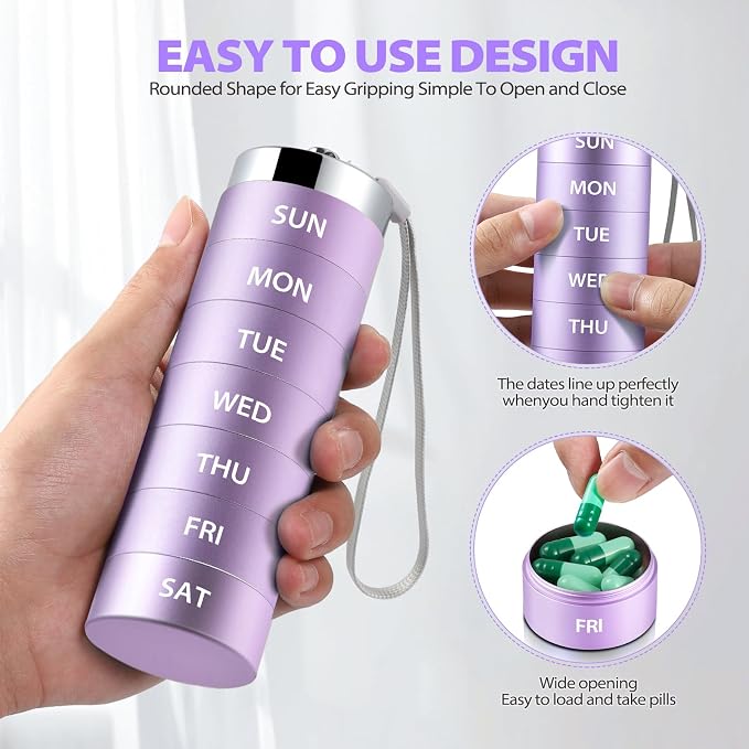 Metal Travel Pill Organizer, 7 Day Pill Box, Aluminum Alloy Pill Case | OUVBTX Large Pill Container, Portable, Waterproof, Stackable, Medicine Holder for Vitamin, Fish Oil, Supplement, Purple