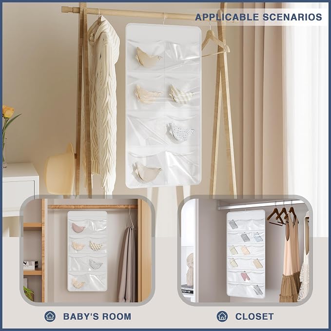 26-Pocket Hanging Closet Organizer for Socks and Underwear, White | Non-woven clear compartments keep bras & leggings visible; swivel hook fits wardrobe, closet rod, wall, door or shelves.