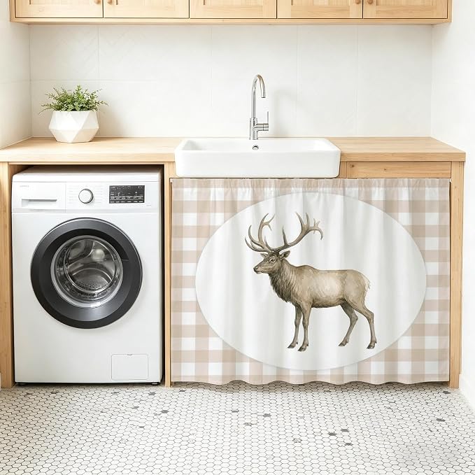 Majestic Buck Oven Skirt Curtain for Kitchen Decor 28"x35", Modern Natural Buck Rustic Farmhouse Plaid Self Adhesive Stove Curtains Skirt Cabinet Curtains for Bathroom Laundry Room