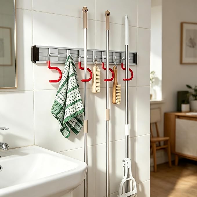 Wall Mounted Mop and Broom Holder Stainless Steel S Type Broom Rack Anti-Slip Mop Organizer (34Inches,8 Positions 6 Hooks, Red White)