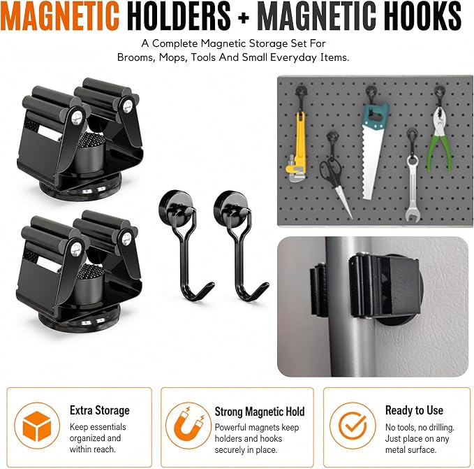 3-H 2 Pack Magnetic Broom Holder with 2 Pack Mini Magnetic Hooks,Black | Stainless Steel No Drill Mop Holder, Movable Magnet Tool Organizer for Garage Laundry Kitchen Garden RV